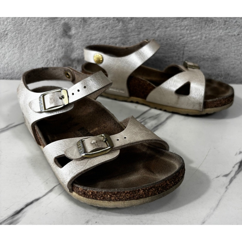 Birkenstock Rio Sandals Kids 12 30 Silver Good‎ Metallic Strappy Cork Footbed